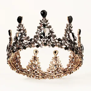 Vintage European black crystal round crown with antique gold alloy and rhinestones