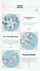 Detail of handmade bridal headband with acrylic flowers, pearls, and eco-alloy plating