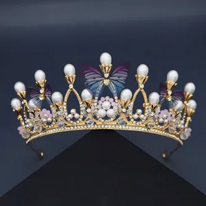 Elegant gold bridal tiara with pearls, rhinestones and purple gradient butterflies
