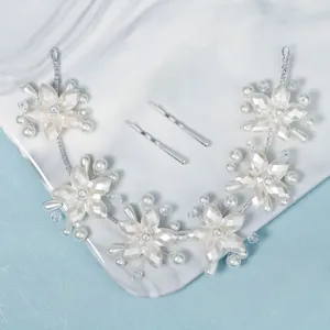 Silver bridal headband with pearls, acrylic flowers and matching hair clips for wedding