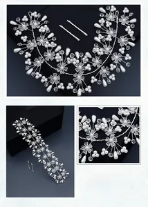 Vue détaillée du bandeau de mariée avec perles, cristaux et fleurs en fil d'argent tressé