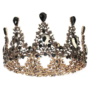 Baroque vintage black rhinestone bridal crown in bronze gold alloy for weddings