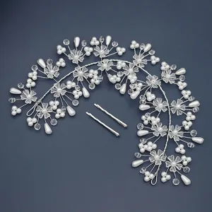 Ensemble bandeau de mariée fait main avec perles et fleurs en cristal pour coiffure de mariage