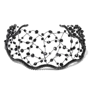 Squisito cerchietto nero con perline fatto a mano con cristalli e design in rete metallica