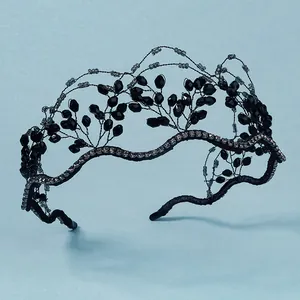 Handmade black crystal beaded bridal headband crown with gothic dark forest branch design