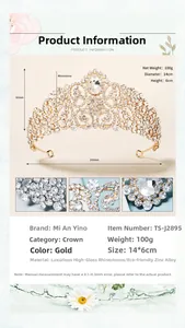 Detailed size specifications of a luxury gold bridal crown with crystals and zinc alloy
