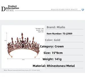Baroque tiara specs featuring antique gold alloy with red rhinestones and 15cm diameter