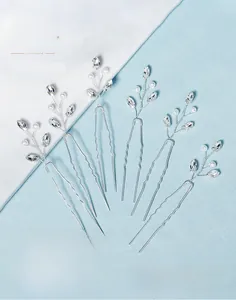 Detailed set of 5 handmade U-shaped hair pins with white pearls and clear crystals