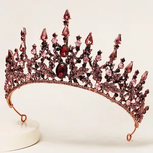 Baroque Vintage Alloy Crown With Red Rhinestones Leaf Design For Wedding Party Prom Women Luxurious Hair Tiara Jewelry