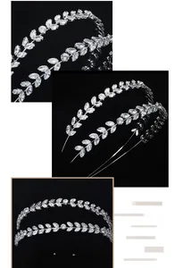 Detail view of silver bridal headband with sparkling marquise and round zircon leaves