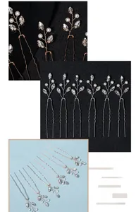 Detailed macro view of bridal U-shaped hair pins with crystals and white pearls