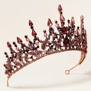 Vintage Baroque tiara in rose gold with deep red crystals for bridal wedding parties