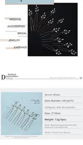 Detailed view of 6pcs crystal and pearl U-shaped wedding hair pins in gold and silver