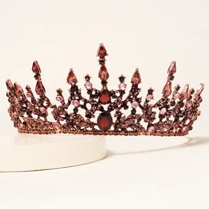 Baroque retro crown with red teardrop crystals and pink diamonds on bronze alloy base