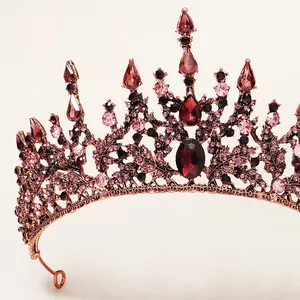 Vintage Baroque tiara in rose gold alloy with deep red crystals for wedding parties
