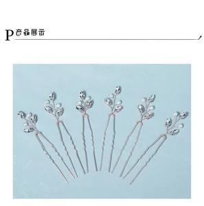 Set of 6 rose gold bridal hair pins with marquise crystals and white round faux pearls