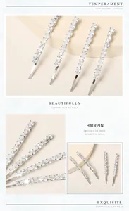 Detailed views of silver metal hairpin with sparkling pear-shaped zircons on round stand