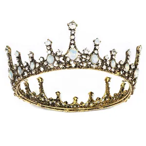 Vintage Baroque gold bridal crown with white rhinestones and opal stones for weddings