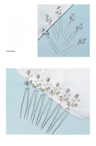 Detail of handmade rose gold bridal hair pins with marquise crystals and white pearls