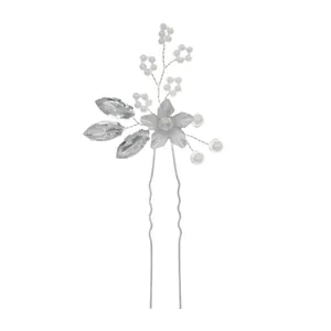Elegant U-shaped bridal hair pin with silver flowers, pearls and marquise rhinestones