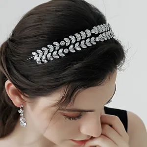 Elegant Zirconia Leaf Tiara Headband Earring Set Silver Plated Zinc Alloy Bridal Wedding Hair Accessories Party Banquet Women Gift