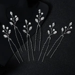 Vintage Bridal U-Shaped Hair Pins Alloy Rhinestone Imitation Artificial Pearl Leaf Hair Sticks Wedding Party Elegant Headwear Jewelry