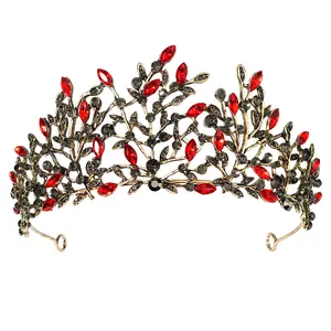 Vintage bronze bridal crown with marquise red rhinestones and grey crystals
