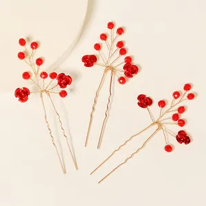 Épingles à Cheveux Fleur de Rose Rouge Avec Fil de Cuivre Doré Fourches à Cheveux en U pour Mariage Mariée Banquet