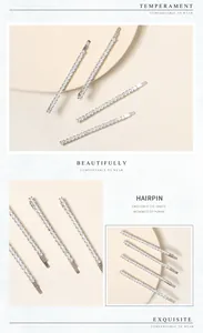 Close-up of four silver rhinestone hairpins featuring minimalist zircon inlay design