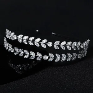 Luxurious silver leaf tiara featuring marquise cut zircons for wedding hair styling