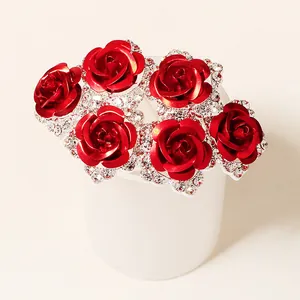 Épingles à Cheveux en Forme de U Rose Rouge Strass Fourchettes à Cheveux en Alliage de Métal Mariage Banquet Femme