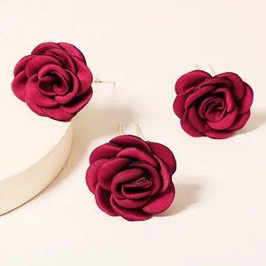 Women Elegant Satin Rose Flower U-Shaped Hairpin Set Forest Style Fabric Peony Hair Stick Bridal Wedding Hair Accessory