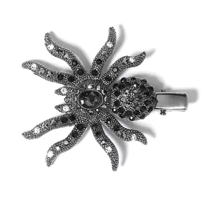 Spider hair clip with black rhinestones on silver alloy base for Halloween party wear