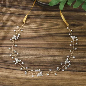 Handmade Bridal Hair Vine With Rhinestones Faux Artificial Pearls Satin Ribbon Elegant Floral Headpiece For Wedding Banquet Women Jewelry