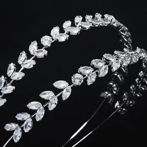Elegant silver hairband featuring marquise-cut leaf pattern zircon on black background