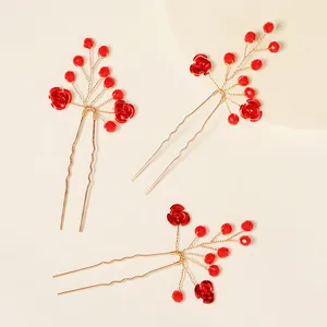 Lot de 3 épingles à cheveux mariée rose rouge avec fil doré et perles en cristal