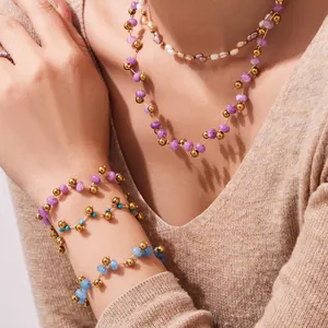 Handmade stainless steel jewelry set with natural purple crystal beads and pearls