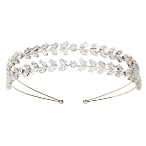 Elegant double-layer silver bridal headband with sparkling zircon leaves on white background