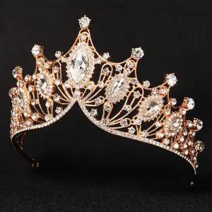Baroque golden bridal crown with sparkling crystal rhinestones for wedding and pageant