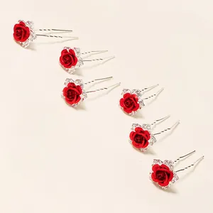 Lot de 6 épingles à cheveux de mariée avec roses rouges et strass en cristal brillant