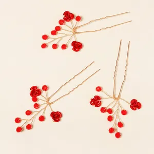 Lot de 3 épingles à cheveux de mariée avec branches dorées et fleurs en cristal rouge
