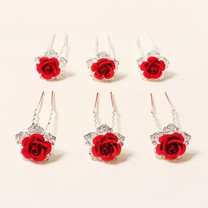 Lot de six épingles à cheveux de mariée rose rouge avec strass brillants sur pics argentés