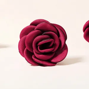 Elegant deep red artificial rose hair pin handcrafted with silk fabric for bridal accessory