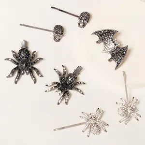 Gothic Alloy Rhinestone Spider Bat Skull Hair Clips For Halloween Carnival Party Women Vintage Spooky Sparkle Hair Accessories