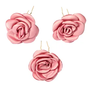 Three elegant pink satin rose hair pins with wavy gold metal bridal hair sticks