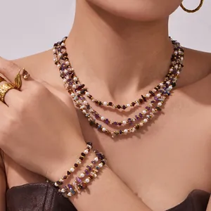 Three-layer natural stone pearl necklace and bracelet set with gold stainless steel chain