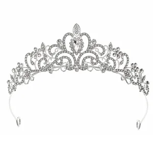 Luxurious bridal tiara in silver alloy with white rhinestones and a teardrop crystal