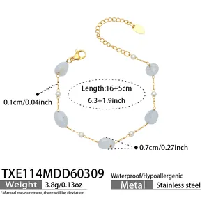 Detaillierte Maßangaben für das goldene Edelstahlarmband mit blauen Perlen und Steinen
