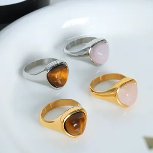 Vintage Triangle Natural Stone Ring Titanium Steel 18K Gold Plated Tiger Eye Rose Quartz Geometric Jewelry Ring For Women