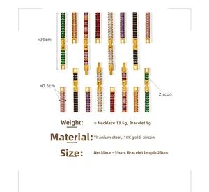 Detail view of gold-plated chain set with multi-colored zircon stones and dimensions